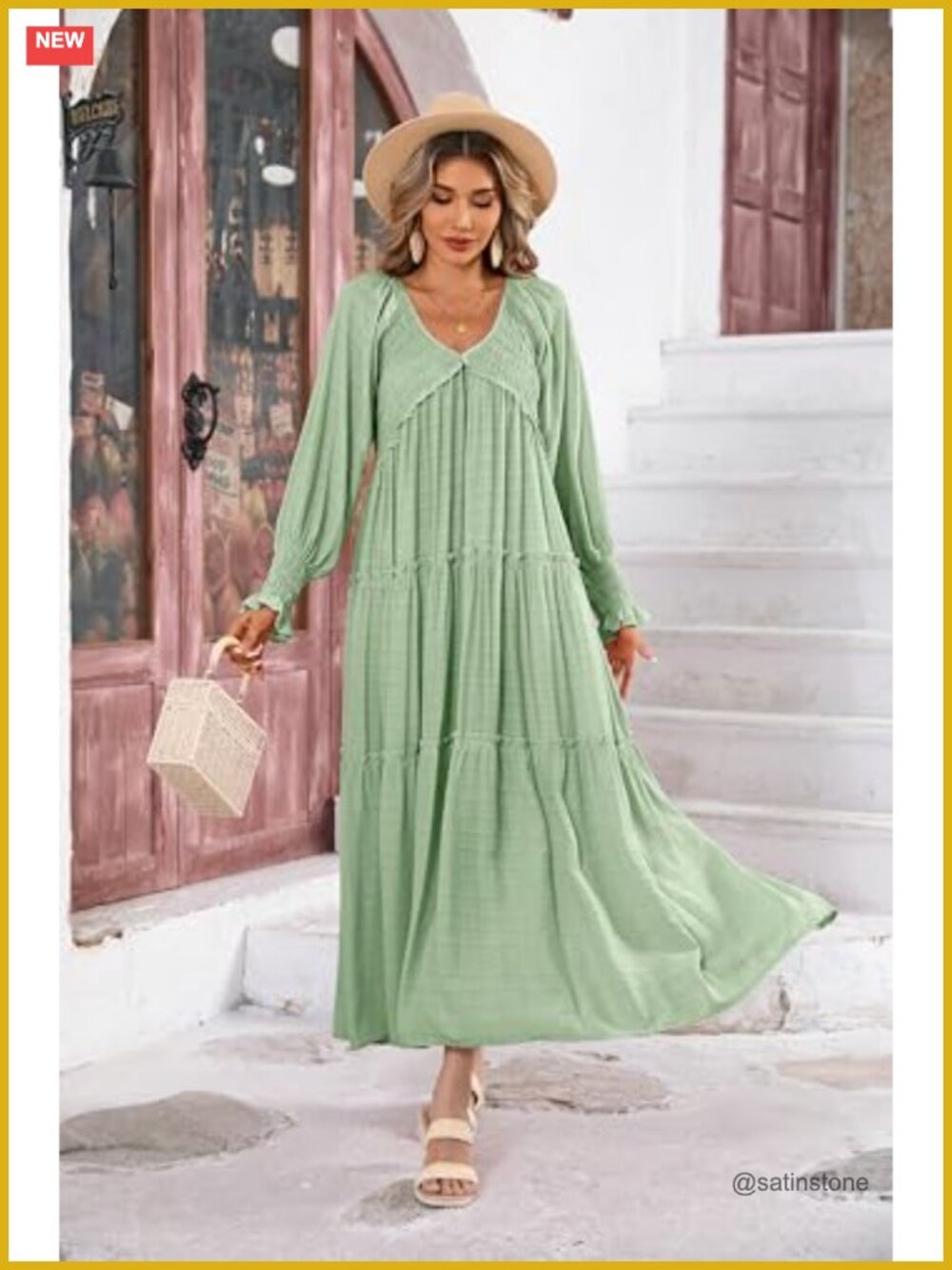 Flowy Maxi Dress Long Sleeve V Neck Empire Waist Ruffle Boho Casual - Picture 2 of 7